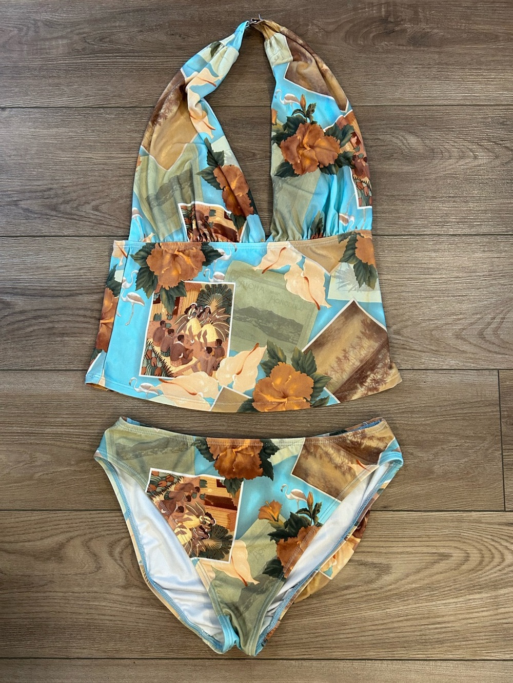 Y2K Era Ocean Pacific Hawaiian Postcard Tankini Swimsuit Set Top 10 Bottom 12